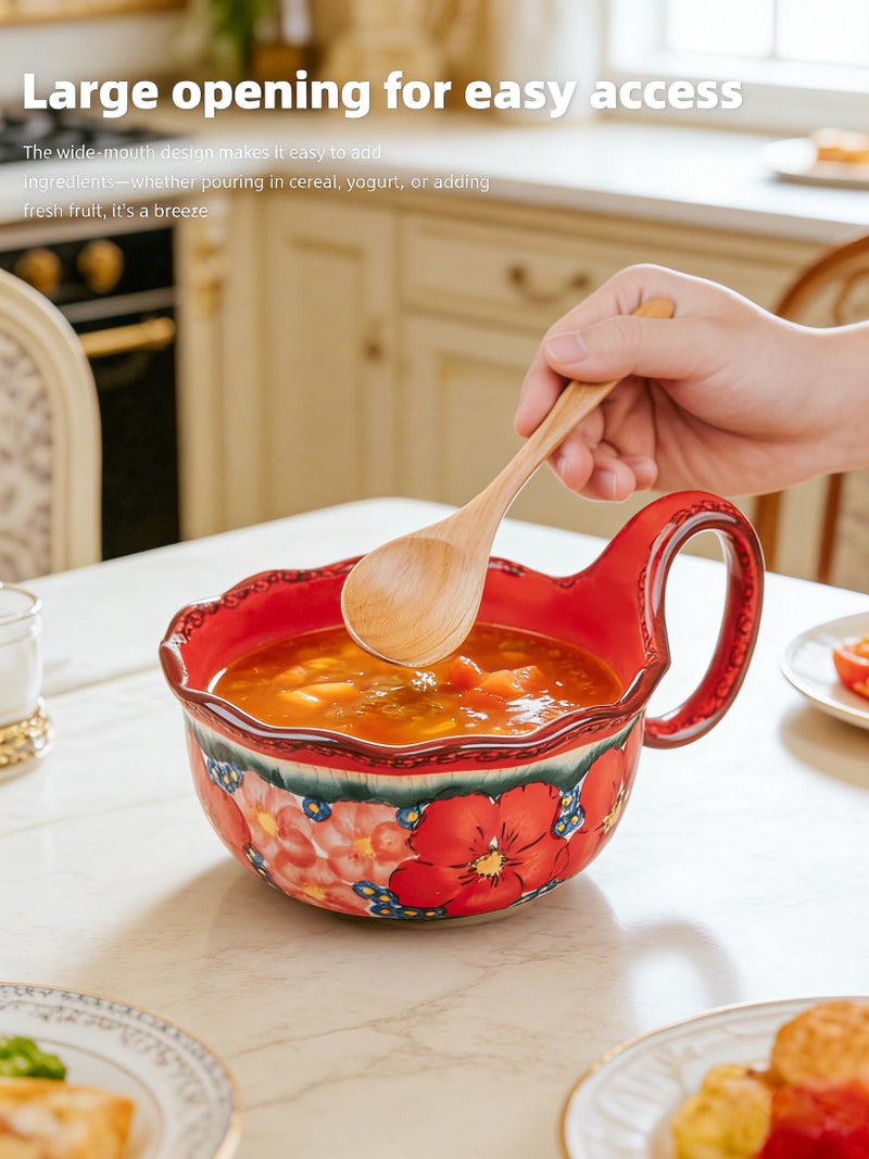 silesia Handmade Ceramic Soup Bowl, 30 oz Hand Painted Bowl with Loop Handle, Floral Design Cereal Bowl for Soup, Ice cream, Snack, Microwave & Dishwasher Safe (Glazed Red) - Image 3