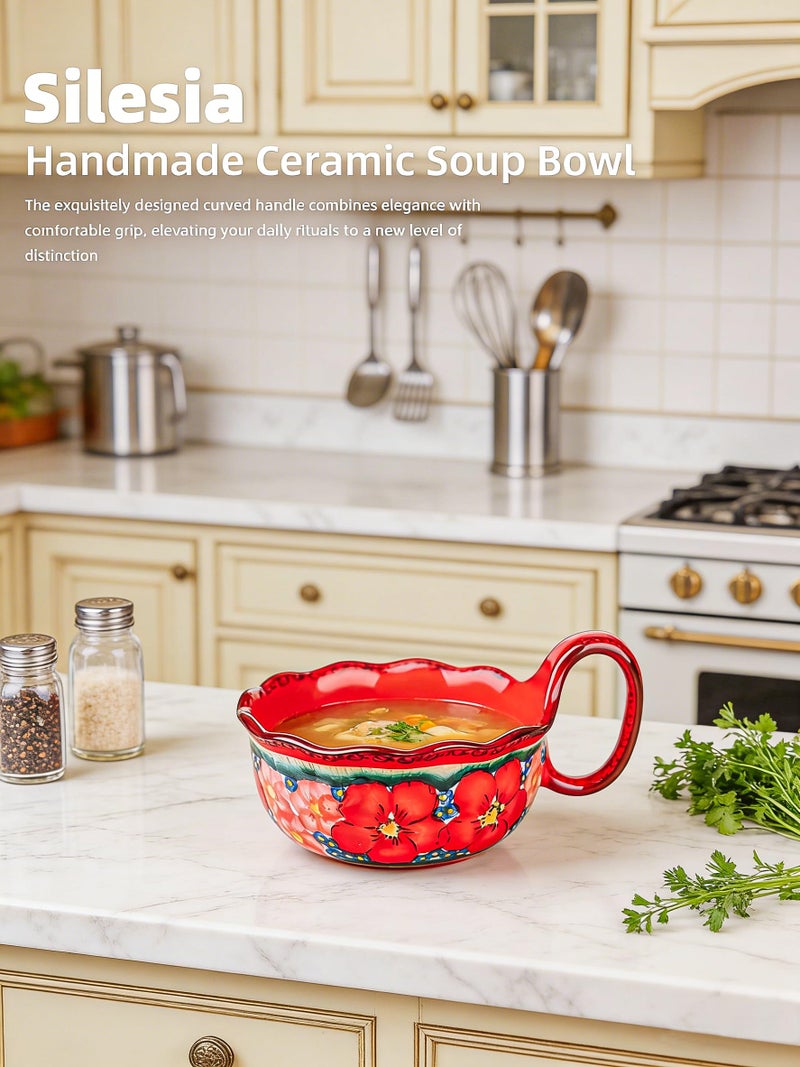 silesia Handmade Ceramic Soup Bowl, 30 oz Hand Painted Bowl with Loop Handle, Floral Design Cereal Bowl for Soup, Ice cream, Snack, Microwave & Dishwasher Safe (Glazed Red) - Image 2