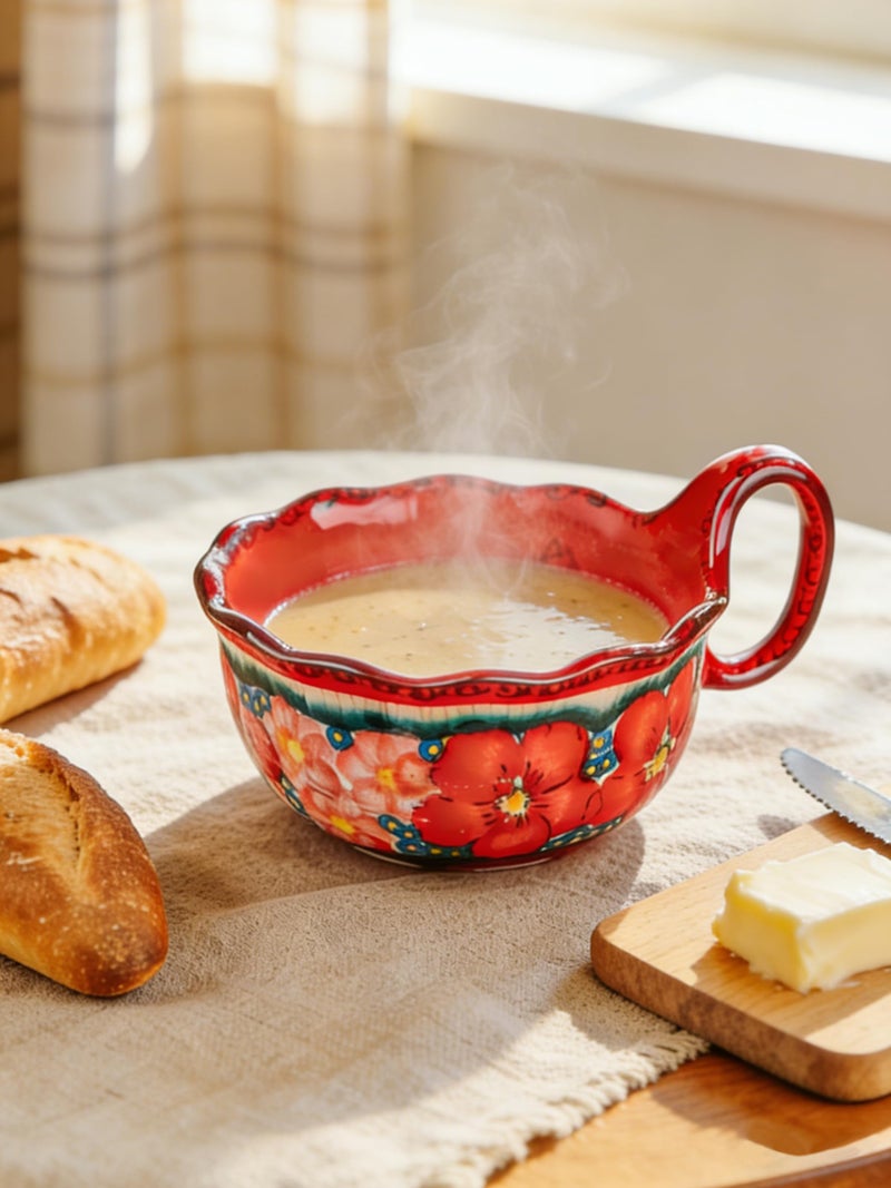 silesia Handmade Ceramic Soup Bowl, 30 oz Hand Painted Bowl with Loop Handle, Floral Design Cereal Bowl for Soup, Ice cream, Snack, Microwave & Dishwasher Safe (Glazed Red) - Image 5