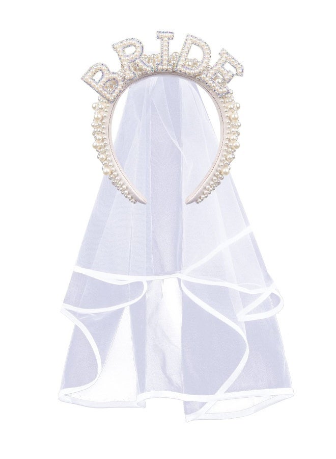 Bride To Be Headband, Bride To Be Pearl Hairband Veil for Bridal Shower Gift Bachelorette Party Decorations Bride Accessories - Image 1