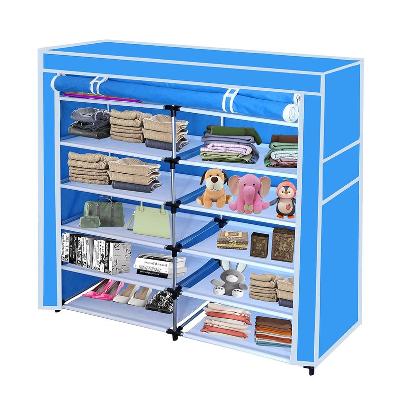 Whitecloud TRANSFORMING HOMES Whitecloud TRANSFORMING HOMES Collapsible Portable Foldable Wardrobe Storage Shelves Organizer for Clothes Racks Fabric Almirah Non Rustable Iron 12 Layer Blue Storage Unit  - Image 1