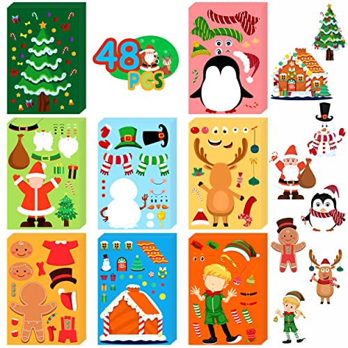 LINAYE 48 Sheets Christmas Stickers Crafts for Kids Toddlers 8 Styles Make Your Own Stickers Goodie Treat Bag Stuffers Christmas Game Activities for Kids Toddlers Party Favors - Image 1