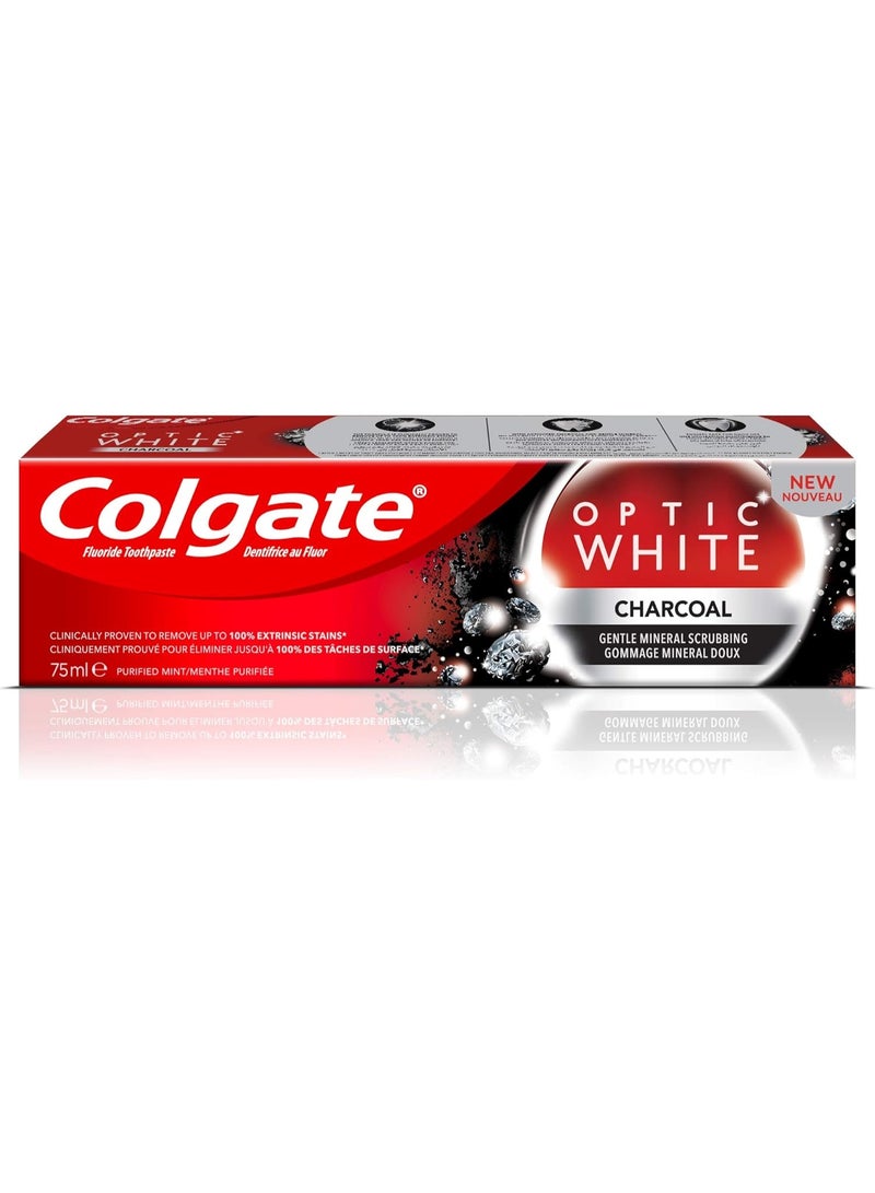 كولجيت معجون أسنان كولجيت أوبتيك وايت بالفحم 75 مل - تركيبة تبييض آمنة على مينا الأسنان مع فرك معدني لطيف، يزيل البقع العميقة، بنكهة النعناع المنعشة، حماية من الفلورايد للعناية اليومية بالفم - Image 1