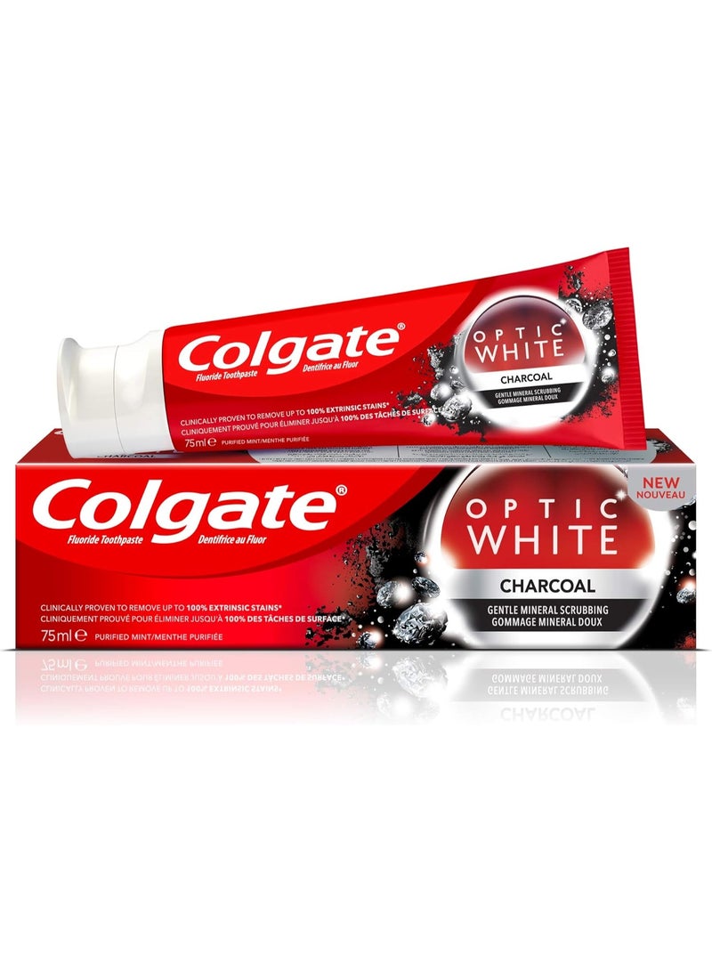 كولجيت معجون أسنان كولجيت أوبتيك وايت بالفحم 75 مل - تركيبة تبييض آمنة على مينا الأسنان مع فرك معدني لطيف، يزيل البقع العميقة، بنكهة النعناع المنعشة، حماية من الفلورايد للعناية اليومية بالفم - Image 2