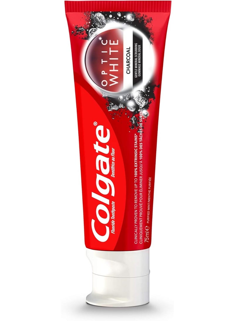 كولجيت معجون أسنان كولجيت أوبتيك وايت بالفحم 75 مل - تركيبة تبييض آمنة على مينا الأسنان مع فرك معدني لطيف، يزيل البقع العميقة، بنكهة النعناع المنعشة، حماية من الفلورايد للعناية اليومية بالفم - Image 3