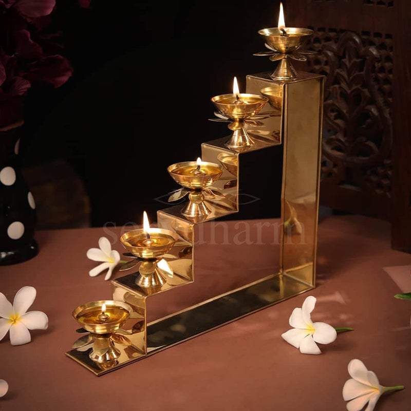ServDharm 5 Steps Decorative Brass Diya for Puja Gifting - Image 1