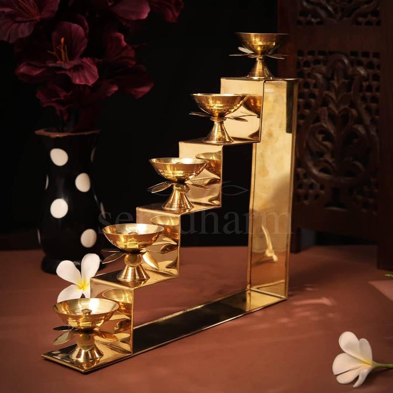 ServDharm 5 Steps Decorative Brass Diya for Puja Gifting - Image 2