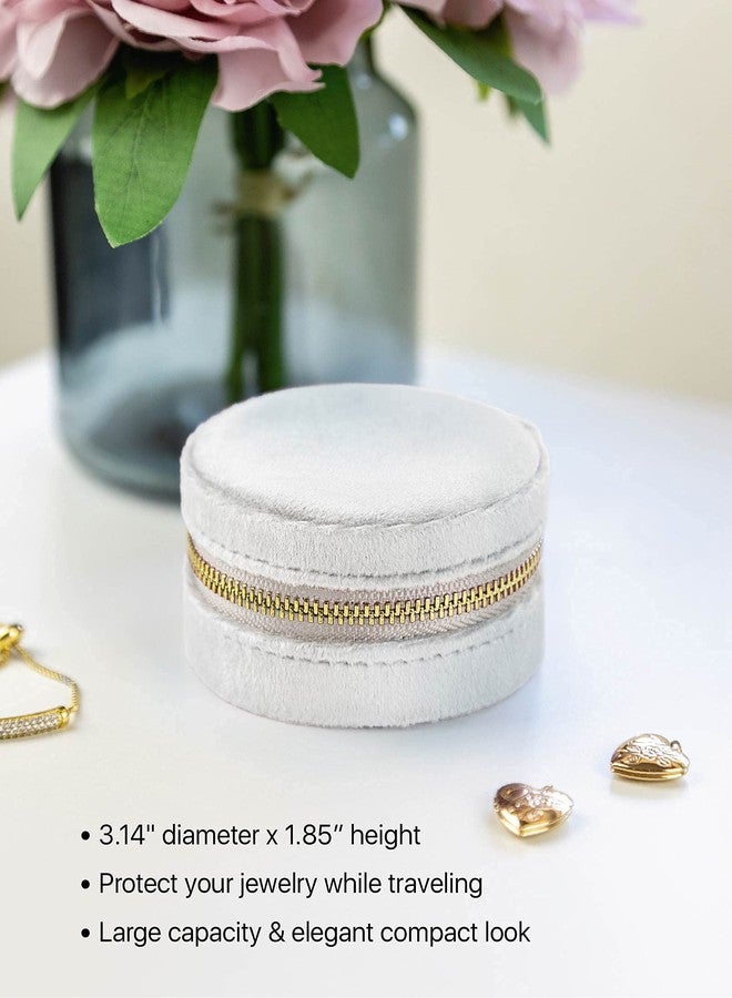 Benevolence LA Velvet Travel Jewelry Box for Women - Compact Round Zipper Case for Rings, Earrings & Necklaces - Small Portable Organizer & Giftable Storage - Pearl White - Image 4