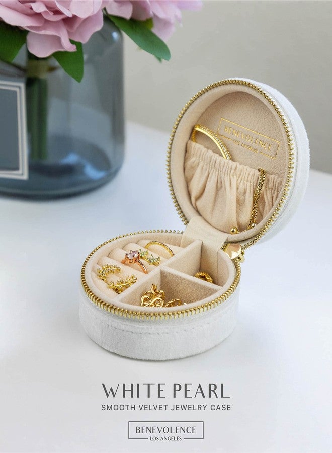 Benevolence LA Velvet Travel Jewelry Box for Women - Compact Round Zipper Case for Rings, Earrings & Necklaces - Small Portable Organizer & Giftable Storage - Pearl White - Image 2