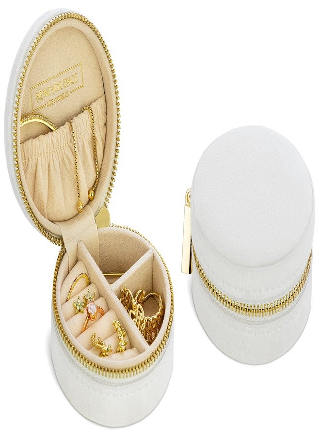 Benevolence LA Velvet Travel Jewelry Box for Women - Compact Round Zipper Case for Rings, Earrings & Necklaces - Small Portable Organizer & Giftable Storage - Pearl White - Image 1