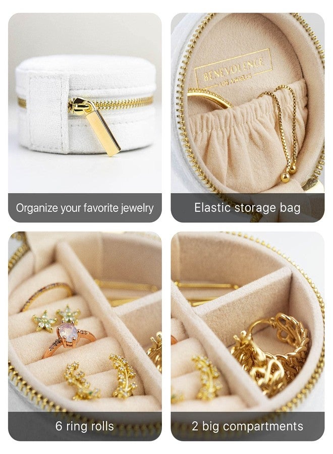 Benevolence LA Velvet Travel Jewelry Box for Women - Compact Round Zipper Case for Rings, Earrings & Necklaces - Small Portable Organizer & Giftable Storage - Pearl White - Image 3