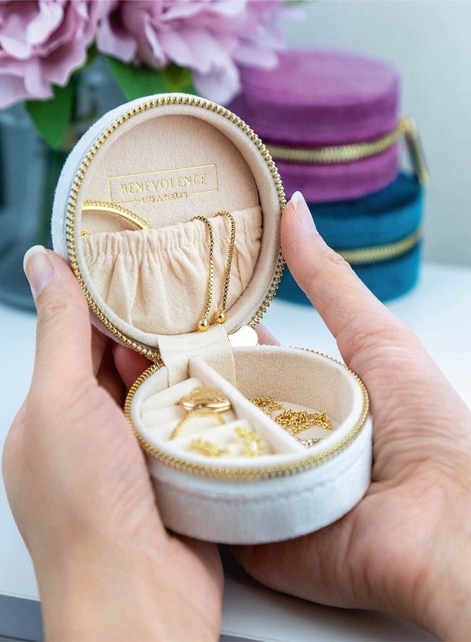 Benevolence LA Velvet Travel Jewelry Box for Women - Compact Round Zipper Case for Rings, Earrings & Necklaces - Small Portable Organizer & Giftable Storage - Pearl White - Image 5