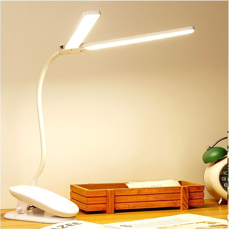 رايتشر مصباح مكتب LED، مصابيح كتب برأسين مع مشبك، مصابيح كتابة مرنة قابلة للتعديل بزاوية 360 درجة، مع تحكم باللمس، منفذ شحن USB، مصباح دراسة للأطفال، المنزل، المكتب (أبيض) - Image 1