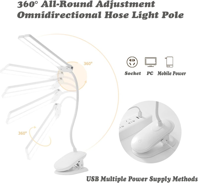 رايتشر مصباح مكتب LED، مصابيح كتب برأسين مع مشبك، مصابيح كتابة مرنة قابلة للتعديل بزاوية 360 درجة، مع تحكم باللمس، منفذ شحن USB، مصباح دراسة للأطفال، المنزل، المكتب (أبيض) - Image 5