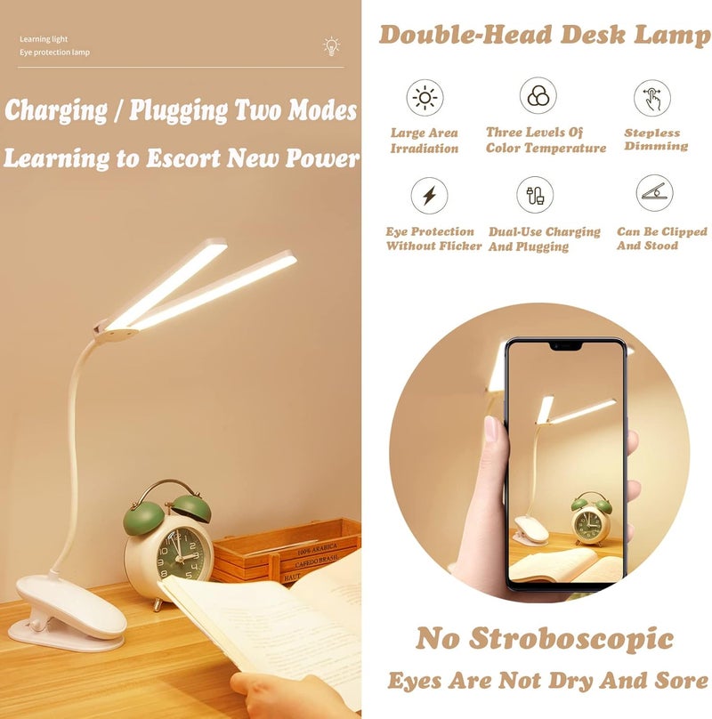 رايتشر مصباح مكتب LED، مصابيح كتب برأسين مع مشبك، مصابيح كتابة مرنة قابلة للتعديل بزاوية 360 درجة، مع تحكم باللمس، منفذ شحن USB، مصباح دراسة للأطفال، المنزل، المكتب (أبيض) - Image 2