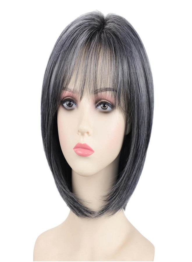 RENERSHOW Grey Medium Length Bob Wig with Bangs Layered Straight Hair Wigs for Women Salt Pepper Wig with Dark Roots Natural Dark Grey Daily Hairstyle Lightweight Hair Replacement Wig - Image 1