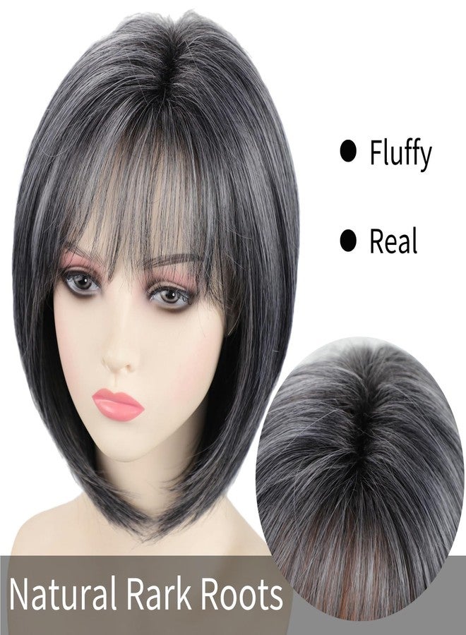 RENERSHOW Grey Medium Length Bob Wig with Bangs Layered Straight Hair Wigs for Women Salt Pepper Wig with Dark Roots Natural Dark Grey Daily Hairstyle Lightweight Hair Replacement Wig - Image 4