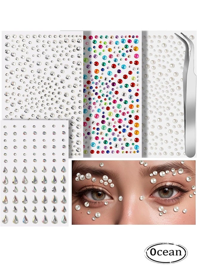 جي أس أحجار الراين ذاتية اللصق للوجه من 4 أوراق لمهرجانات المكياج، ملصقات أحجار الراين اللؤلؤية للوجه والشعر والعين - Image 1