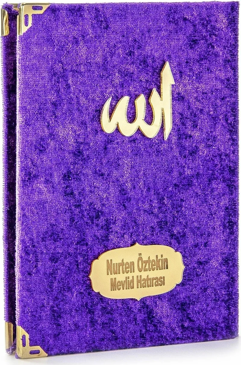 İhvan 20 Pieces Velvet Covered Bag Size Yasin Book Transparent Box with Name of Allah Plate with Prayer Beads Purple 1117