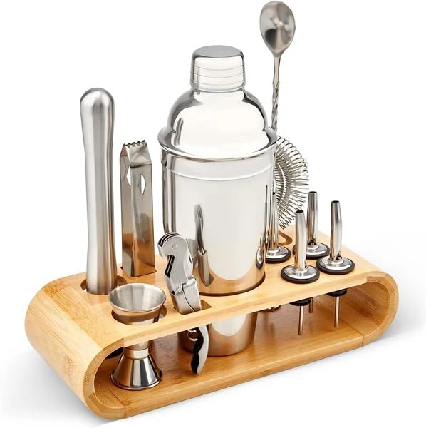 Iktu 11-Piece Cocktail Shaker Set with Stand | Perfect Bartender Kit for Home and Bar-Bar Tools Set: 24oz Martini Shaker, Muddler, Jigger, Strainer, Mixer Spoon, Tongs, Corkscrew, 4 Liquor Pourers - Image 5