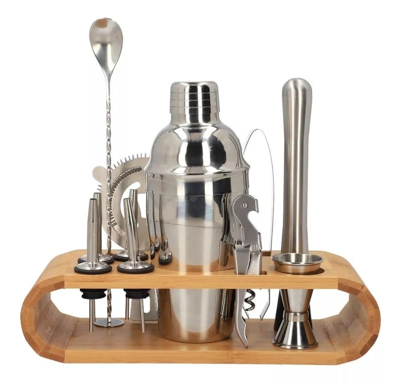 Iktu 11-Piece Cocktail Shaker Set with Stand | Perfect Bartender Kit for Home and Bar-Bar Tools Set: 24oz Martini Shaker, Muddler, Jigger, Strainer, Mixer Spoon, Tongs, Corkscrew, 4 Liquor Pourers - Image 1