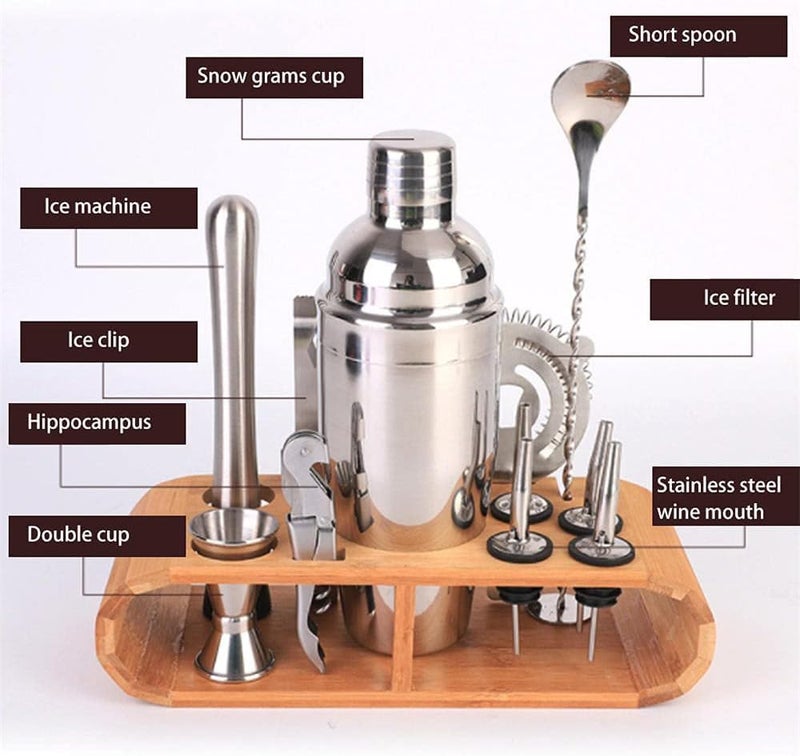 Iktu 11-Piece Cocktail Shaker Set with Stand | Perfect Bartender Kit for Home and Bar-Bar Tools Set: 24oz Martini Shaker, Muddler, Jigger, Strainer, Mixer Spoon, Tongs, Corkscrew, 4 Liquor Pourers - Image 2