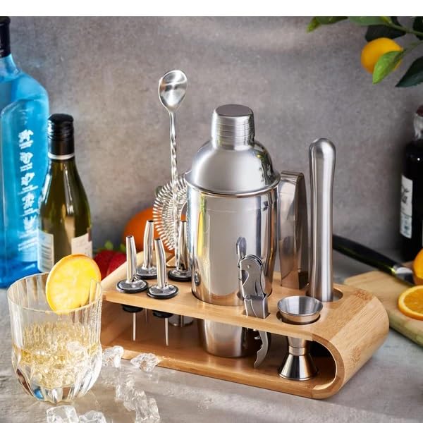 Iktu 11-Piece Cocktail Shaker Set with Stand | Perfect Bartender Kit for Home and Bar-Bar Tools Set: 24oz Martini Shaker, Muddler, Jigger, Strainer, Mixer Spoon, Tongs, Corkscrew, 4 Liquor Pourers - Image 3
