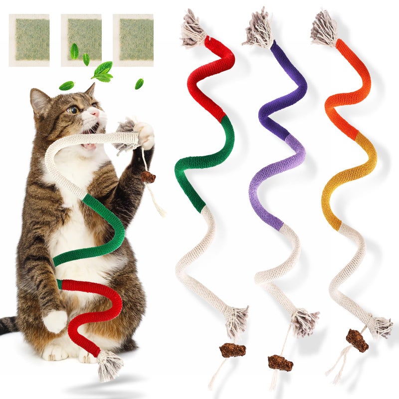 TEAWOO Cat Toys Chew Ropes 3Pcs with Natural Catnip Safe Teeth Cleaning Toy for Indoor Kittens Interactive Cat Kitty Toys for All Breeds 2756 Inches 3 Bags of Catnip Included - Image 2