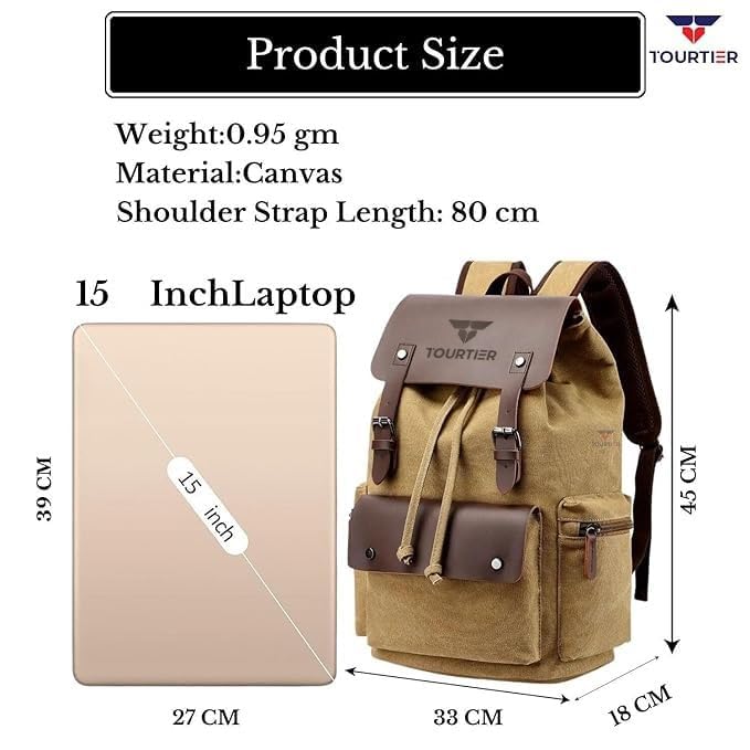 TOURTIER Canvas Travel Daypack Drawstring Backpack Flip Bag Retro Laptop Bag for Men Women (KHAKHI) - Image 2