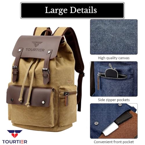 TOURTIER Canvas Travel Daypack Drawstring Backpack Flip Bag Retro Laptop Bag for Men Women (KHAKHI) - Image 4
