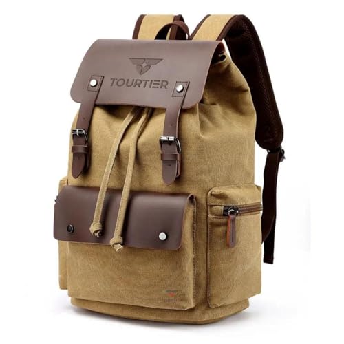TOURTIER Canvas Travel Daypack Drawstring Backpack Flip Bag Retro Laptop Bag for Men Women (KHAKHI) - Image 1