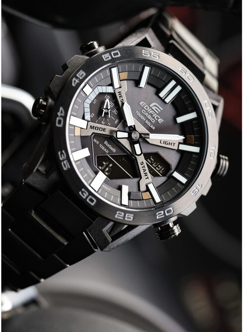 CASIO ساعة أنالوج-رقمية شمسية EDIFICE ECB-2000DC-1BDF، 47.8 مم قرص أسود، علبة كربونية مع سوار من الفولاذ المقاوم للصدأ مطلي باللون الأسود، بلوتوث، 100 م مقاومة للماء - Image 2