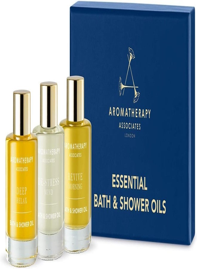 Aromatherapy Associates Essential Bath & Shower Oils Gift Set, 3 x 9 ml Travel-Size Bath Oils, Deep Relax, Revive Morning & De-Stress Mind, Self Care & Gift Collection - Image 1