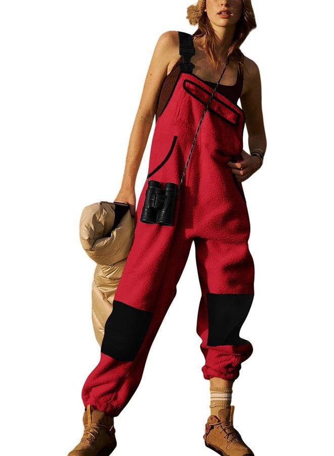 Yousify Women's Fleece Warm Overalls Winter Casual Jumpsuits Ski Bibs Snow Pants with Pockets Red XL - Image 5
