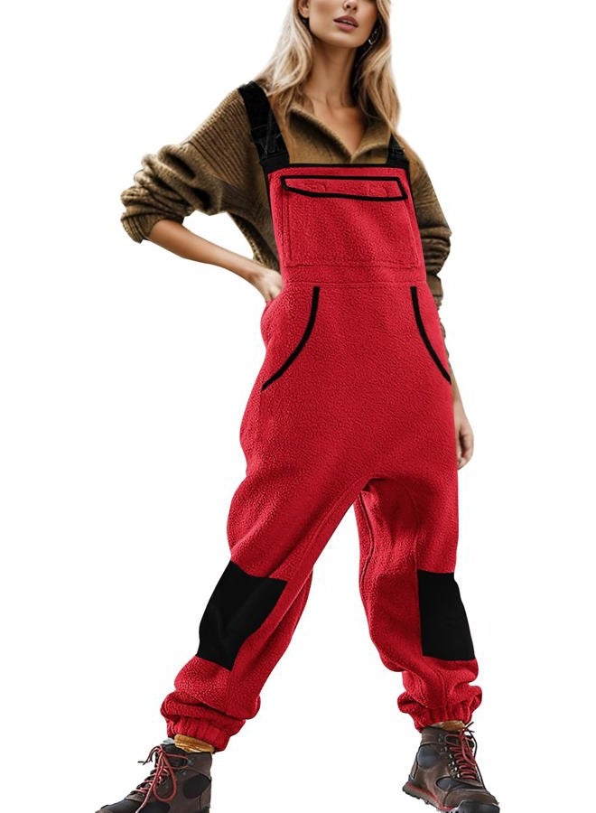 Yousify Women's Fleece Warm Overalls Winter Casual Jumpsuits Ski Bibs Snow Pants with Pockets Red XL - Image 3