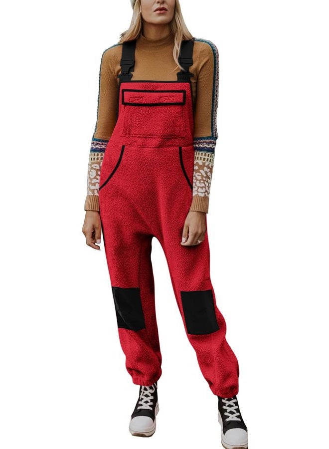 Yousify Women's Fleece Warm Overalls Winter Casual Jumpsuits Ski Bibs Snow Pants with Pockets Red XL - Image 4