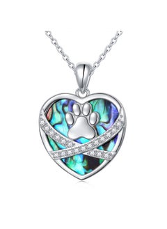 Ladytree S925 Sterling Silver Puppy Dog Cat Pet Paw Print Love Heart Abalone Shell Cz Pendant Necklace 18+2 Inches  - Image 1