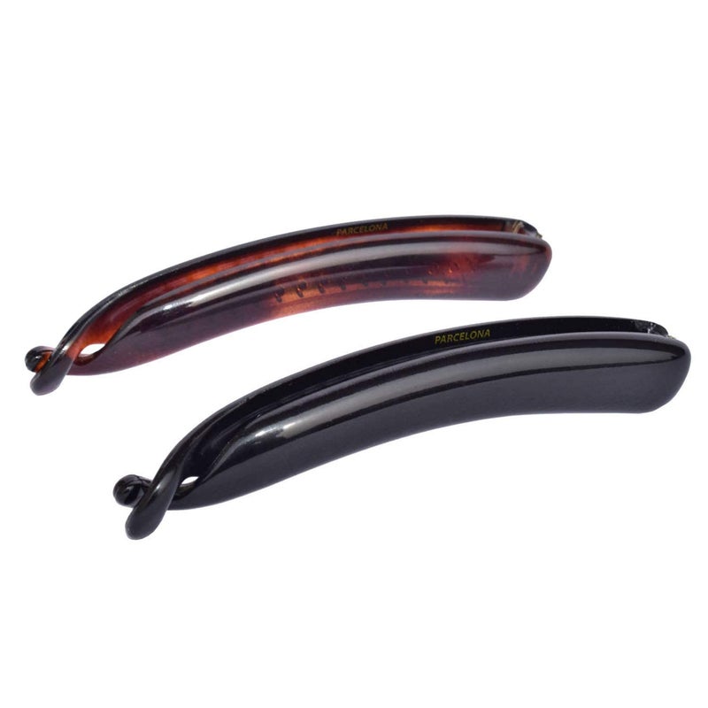 Parcelona French Small 3  Celluloid Set of 2 French Banana Hair Clip Flexible Ponytail Holder Fashion Durable Styling Paris Hair Accessories for Women Made in France Tortoise ShellBlack