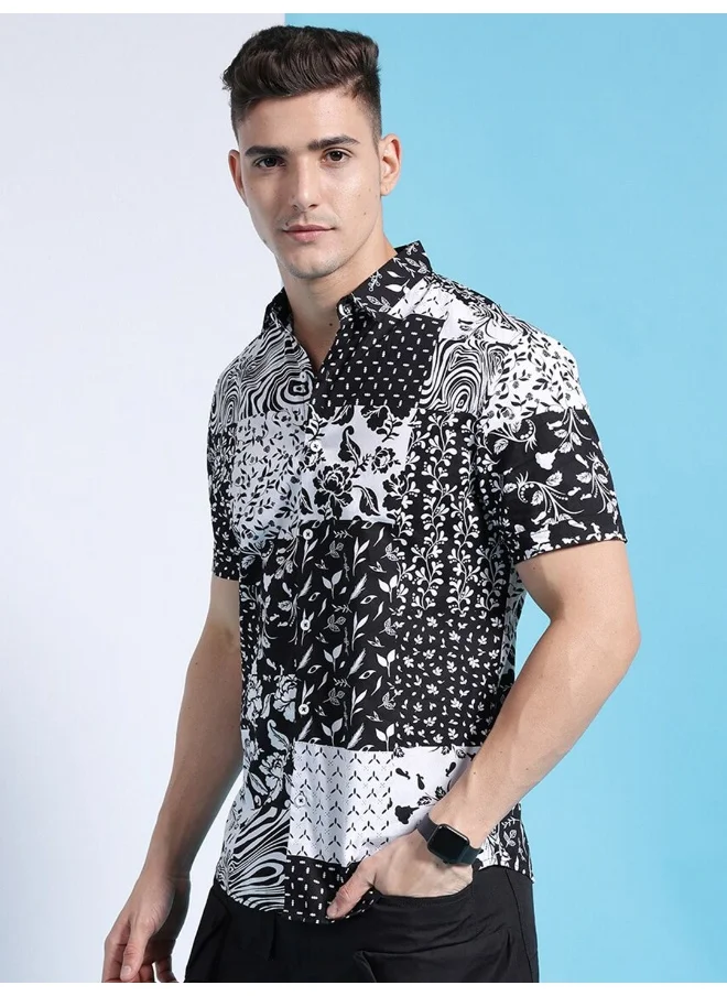 The Indian Garage Co Black Slim Fit Casual Mix & Match Cutaway Collar Half Sleeves Cotton Shirt