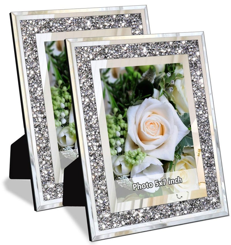 ALLARTONLY Crush Diamond Mirror Photo Frame In Bling Sparkle Crystal Silver Glass Finish, For Picture Size 5x7 inch, Pack of 2 Piece, table top Stand frame & Wall Frame - Image 1