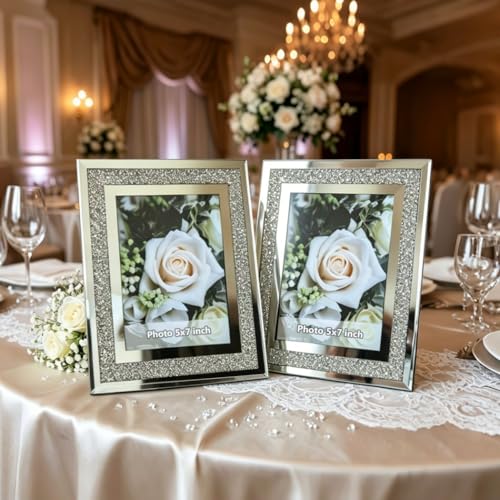 ALLARTONLY Crush Diamond Mirror Photo Frame In Bling Sparkle Crystal Silver Glass Finish, For Picture Size 5x7 inch, Pack of 2 Piece, table top Stand frame & Wall Frame - Image 2