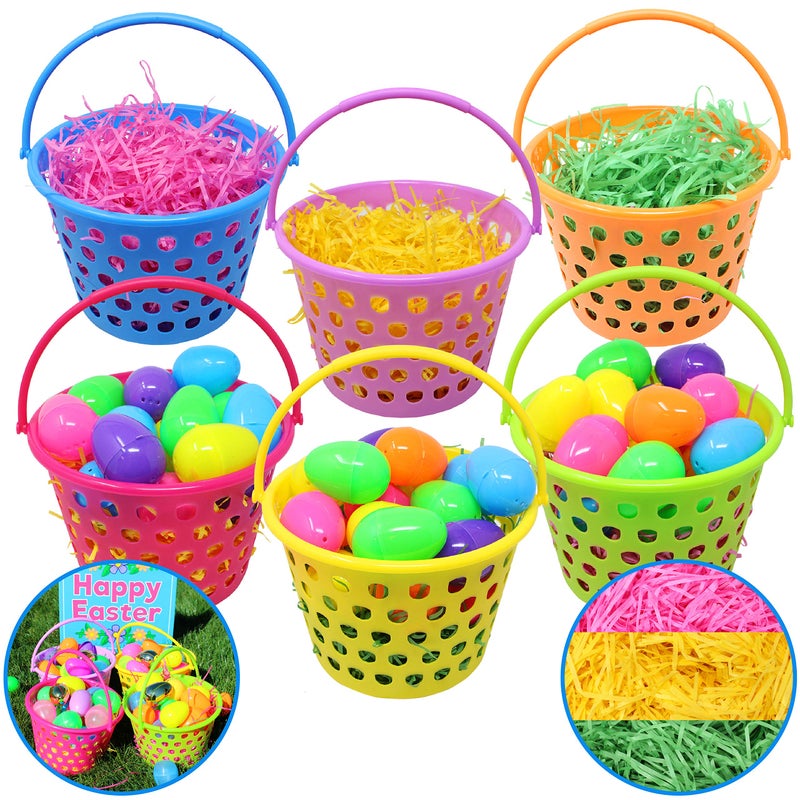 JOYIN 6 Pieces 8" Easter Egg Baskets with Handle and 55 g Tricolors Grass for Garden Party Favors, Easter Eggs Hunt, Goodies Goody, Basket Fillers Stuffers Toy - Image 1