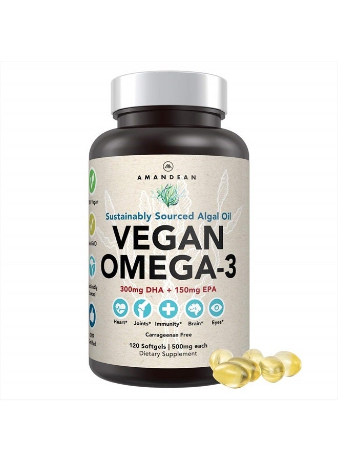 AMANDEAN مكمل أوميجا 3 النباتي من أمانديان. بديل زيت السمك الفاخر! DHA و EPA من الطحالب. 120 كبسولة لينة خالية من الكاراجينان. الأحماض الدهنية الأساسية من الطحالب. دعم نباتي للقلب، البشرة، الدماغ، العين، والجهاز المناعي. - Image 1