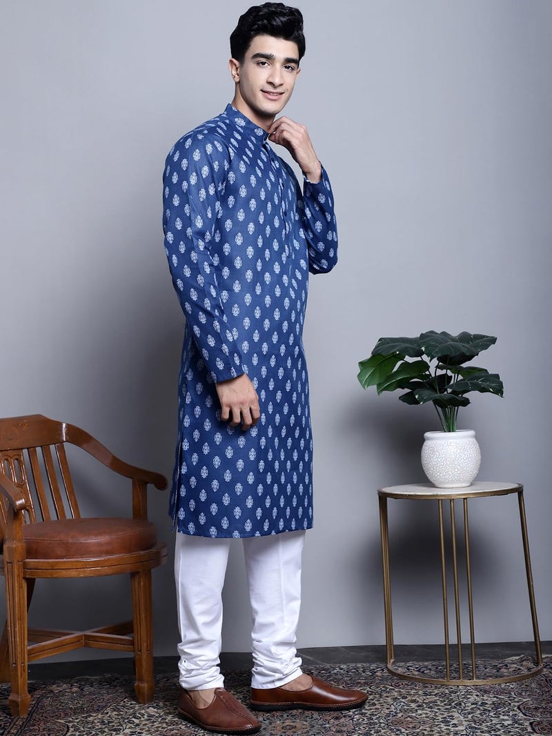 Jompers Men's Cotton Floral Printed Kurtas (Navy, XL) - Image 4