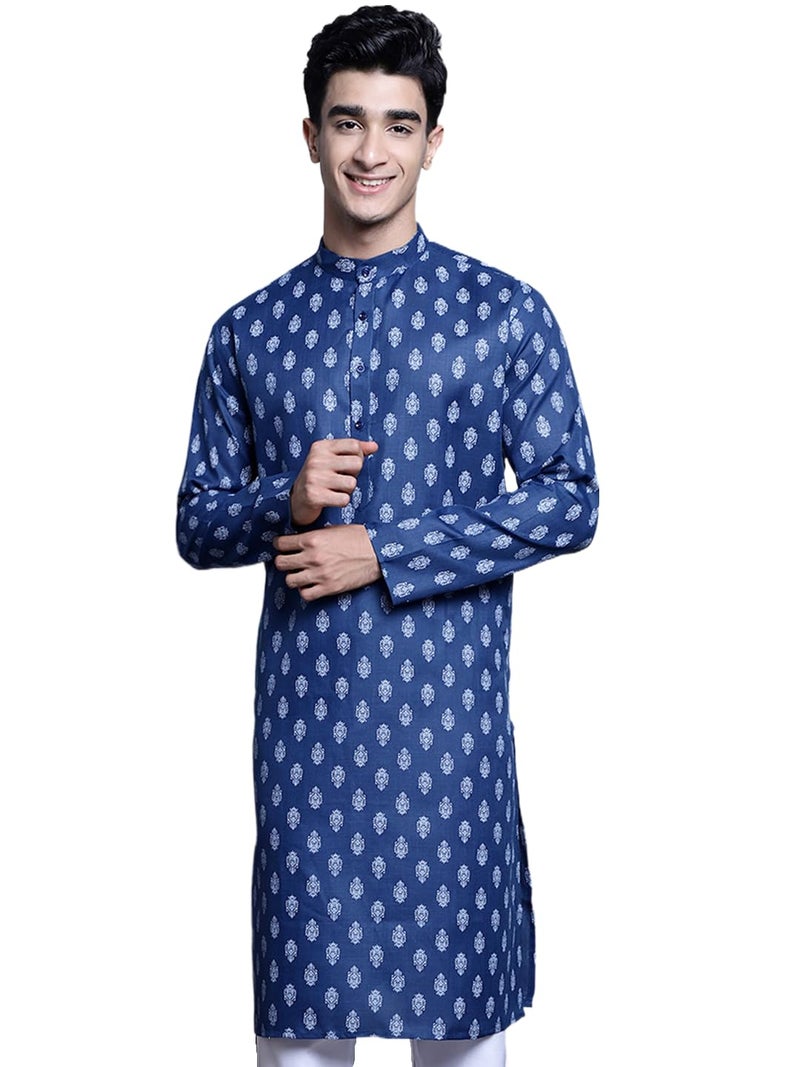 Jompers Men's Cotton Floral Printed Kurtas (Navy, XL) - Image 1