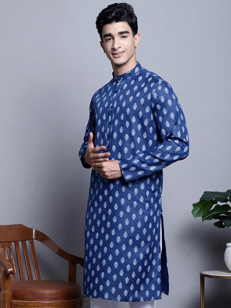 Jompers Men's Cotton Floral Printed Kurtas (Navy, XL) - Image 3