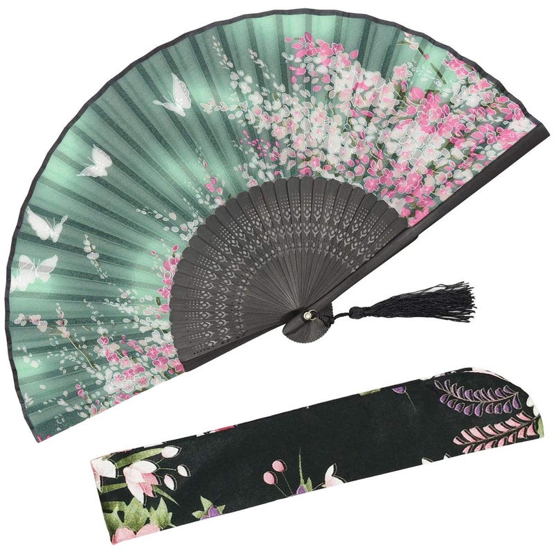 OMyTea Women Hand Held Silk Folding Fan with Bamboo Frame  with a Fabric Sleeve for Protection for Gifts  Sakura Cherry Blossom Pattern WZS2