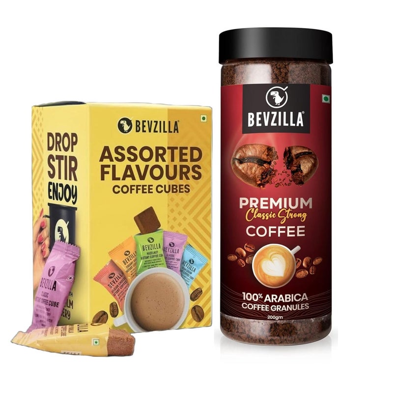 Bevzilla Coffee Combo - 200g Classic Strong Instant Coffee Powder (Unbreakable Jar) + 10 Coffee Cubes with Date Palm Jaggery |100% Arabica|Espresso, Latte & Cappuccino | 5 Flavours| Hot & Cold Brew - Image 1