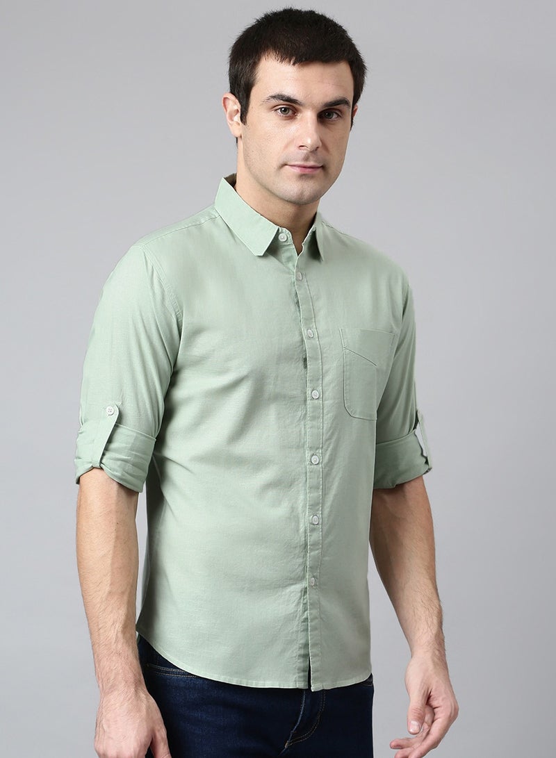 Dennis Lingo Slim Fit Dusty Green Men's Solid Shirt, Spread Collar, Full Sleeves, 100% Cotton,  - Image 5