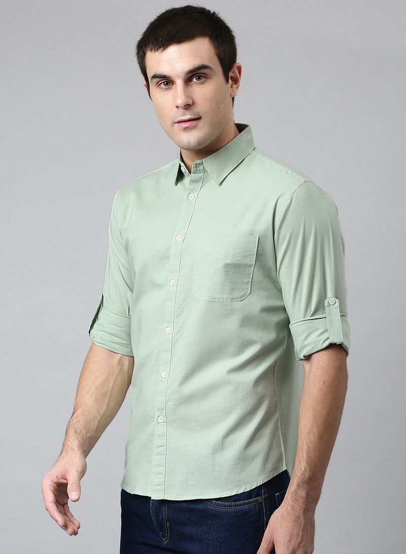 Dennis Lingo Slim Fit Dusty Green Men's Solid Shirt, Spread Collar, Full Sleeves, 100% Cotton,  - Image 3